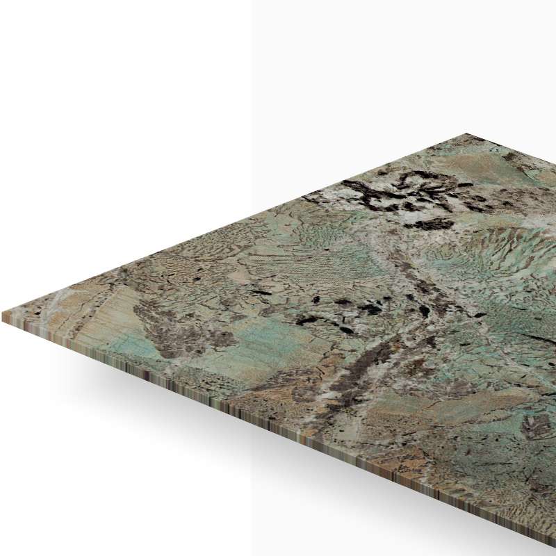 Angled close-up of a rectangular decorative tile with earthy, teal-brown marbled pattern and rugged texture