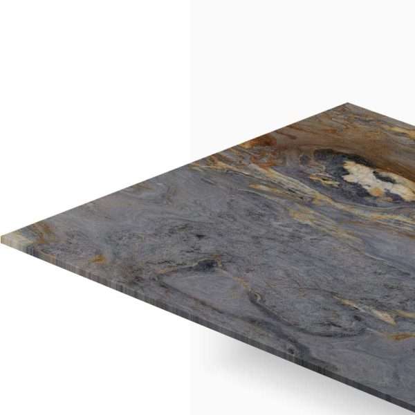 Angled view of a gray and rust veined granite countertop slab.