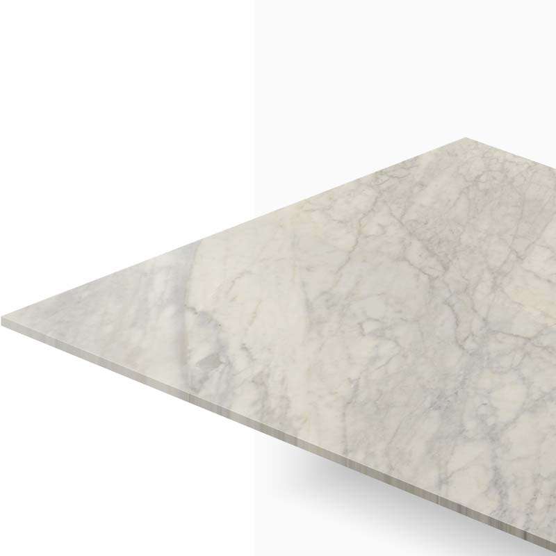 Perspective view of a light gray marble countertop slab with subtle veining, angled across the frame