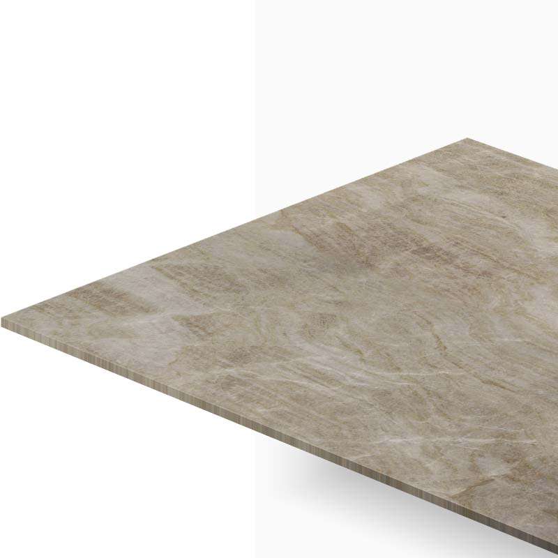 Beige marble countertop seen from an angle, showing its edge in perspective.