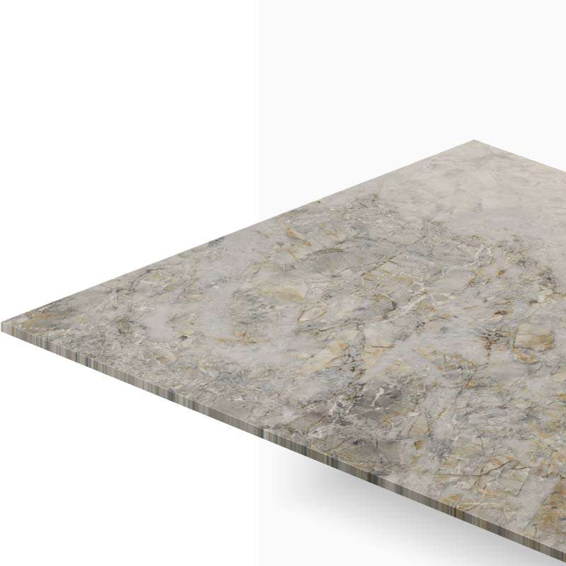 Diagonal perspective of a polished stone countertop slab with gray-beige veining.