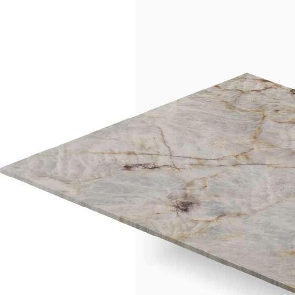 Diagonal view of a light gray marble countertop with subtle brown veining.