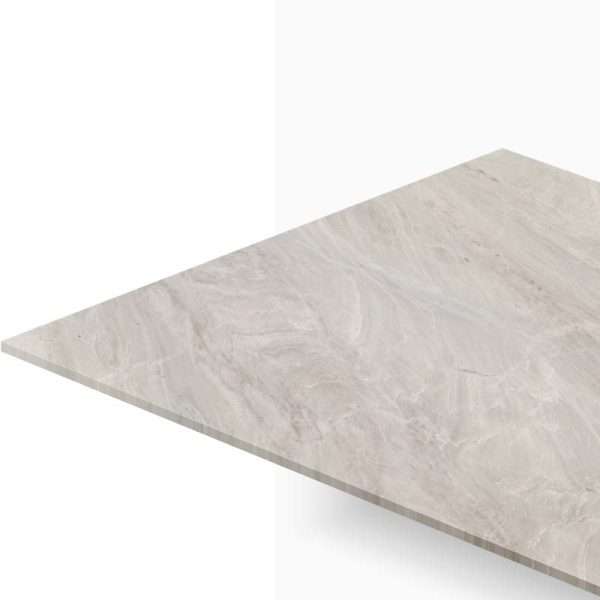 Diagonal view of a pale gray marble countertop edge against a white background.
