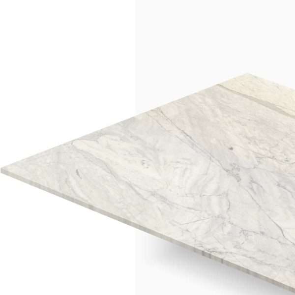 White marble countertop slab shown at an angled corner with subtle gray veining against a white background.