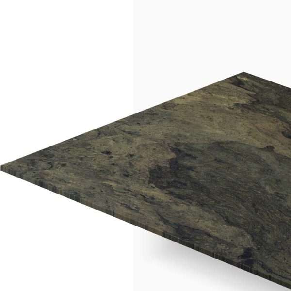 Angled view of a dark green granite countertop slab with textured stone pattern and a flat edge.