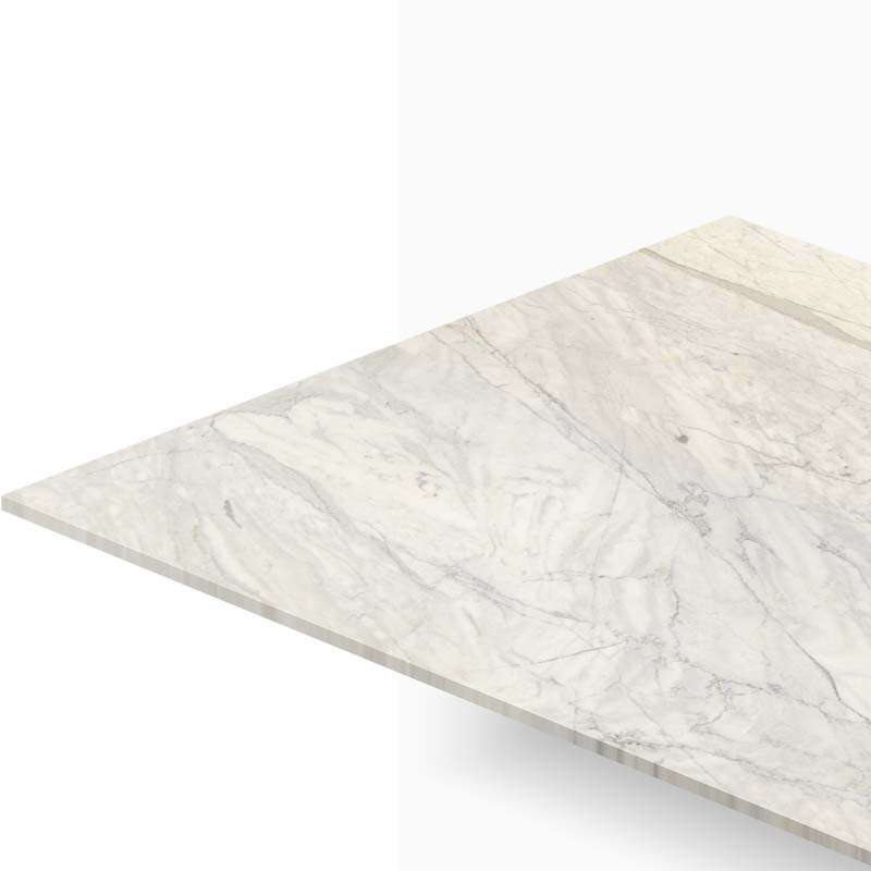 White marble countertop slab shown at an angled corner with subtle gray veining against a white background.