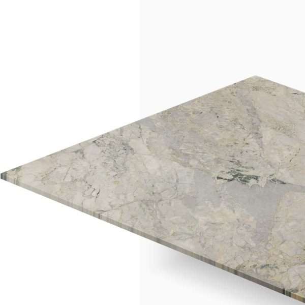 Corner view of a marble countertop with gray-beige veins and a thin edge in perspective