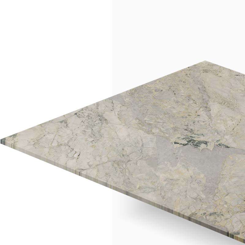 Corner view of a marble countertop with gray-beige veins and a thin edge in perspective