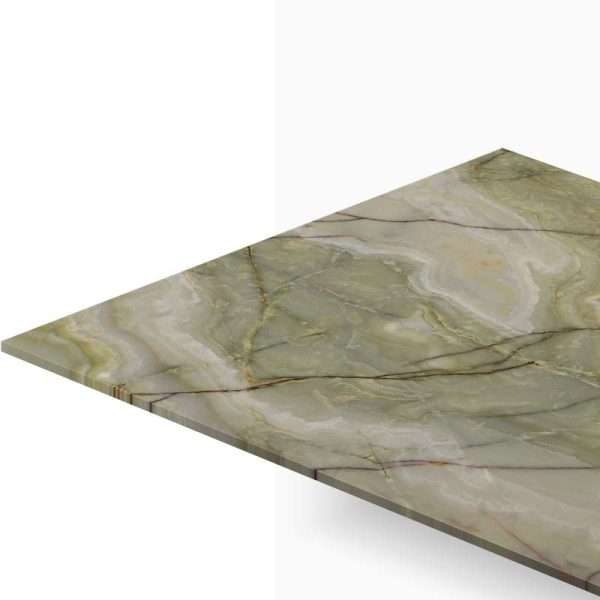 Angled view of a green marble countertop with white and gold veining, showing the edge detail.