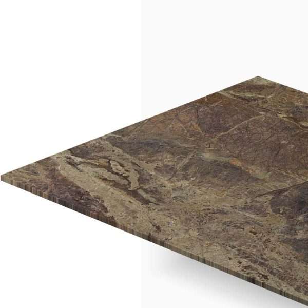 Angle view of a dark granite-like countertop with brown, beige, and gray veining, showing the edge and surface texture.