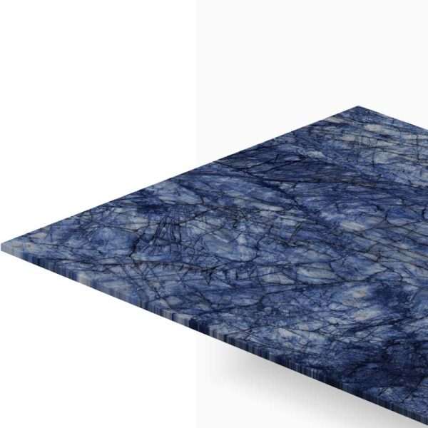 Blue marble granite countertop slab shown at an angle against a white background with dark veining.