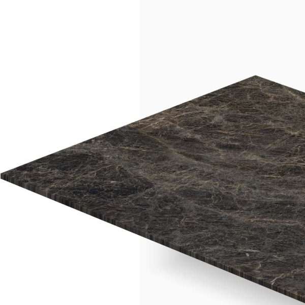 Dark marble countertop surface with a diagonal edge against a white background.