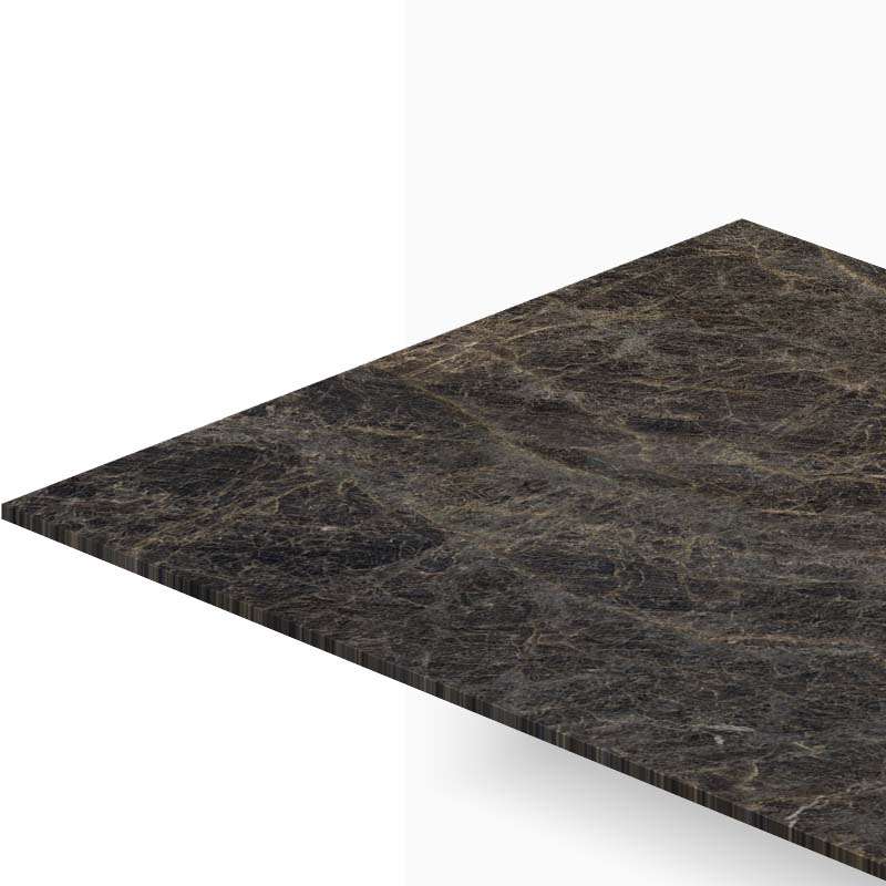 Dark marble countertop surface with a diagonal edge against a white background.