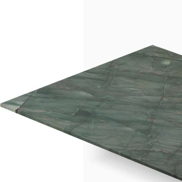 Green marble tabletop seen from an angled corner, with a dark veined pattern against a white background