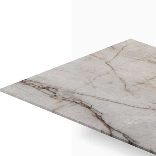 Light gray marble tabletop with brown veining seen from a corner angle, clean and smooth surface.