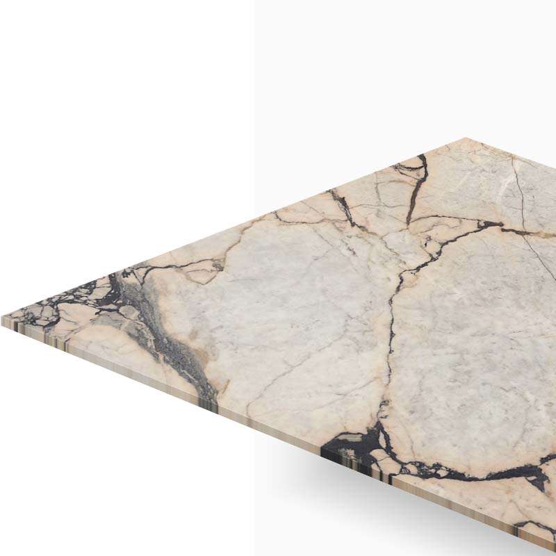 Triangular marble tabletop with gray and black veining against a white background, shown in perspective.