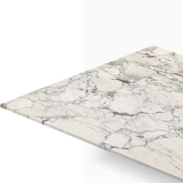 White marble countertop slab with gray veining, shown at an angled perspective.
