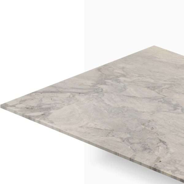 Marble countertop slab with light grey veining extending diagonally across a white background.