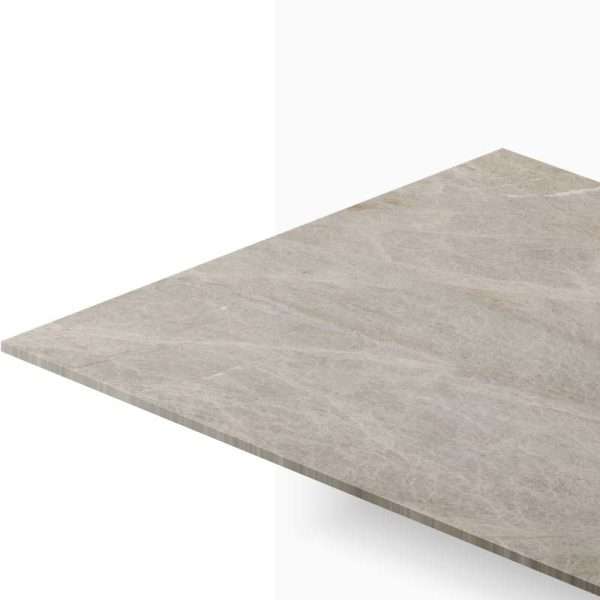 Beige marble countertop slab with subtle veining, shown in a diagonal perspective against a white background.