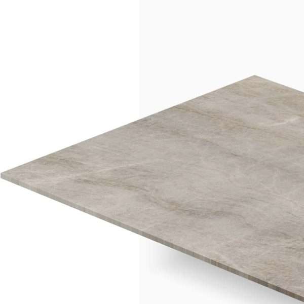 Beige stone countertop seen from a corner with a diagonal edge against a white background