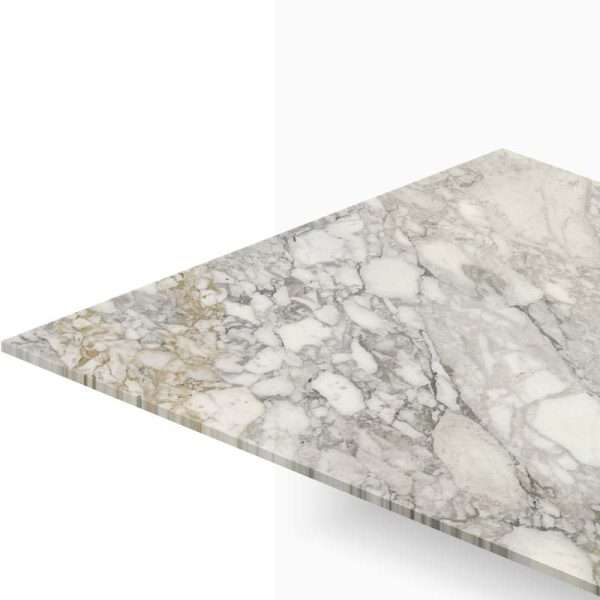 Edge view of a marble countertop slab with gray and beige veining, shown at an angle