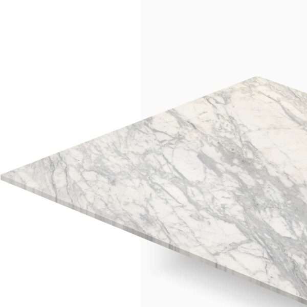 White marble countertop with gray veining, shown in a diagonal perspective with a sharp edge.