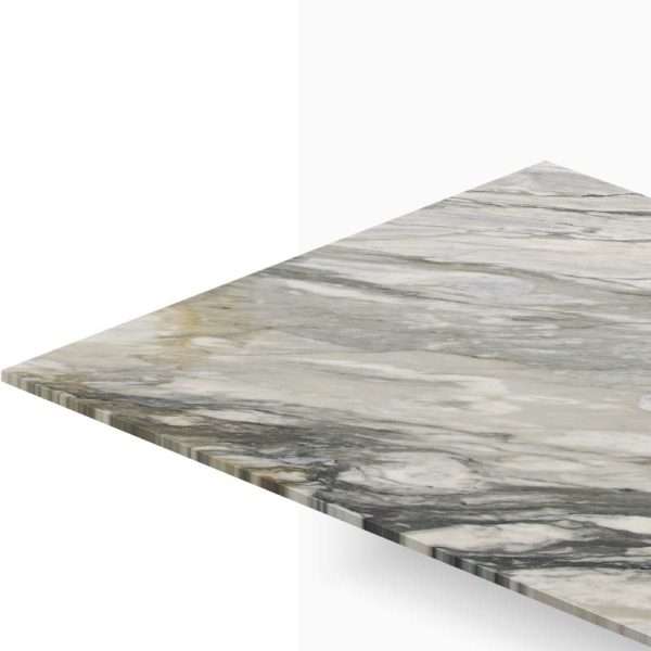 Diagonal perspective of a polished marble countertop with gray and white veining.