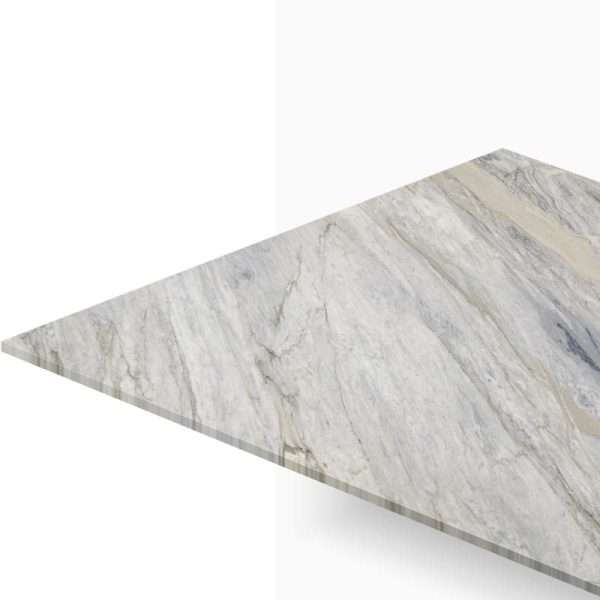Triangle-shaped marble tabletop with gray veining, seen from a low angle.
