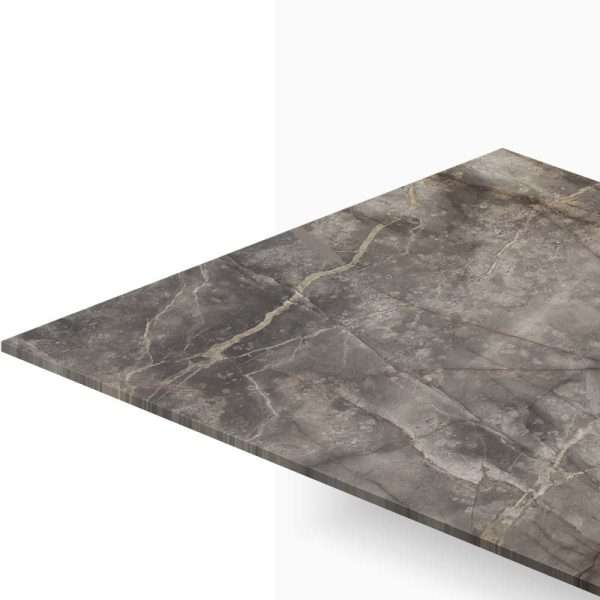 Rectangular dark gray marble tabletop with lighter veining, viewed from a diagonal edge.